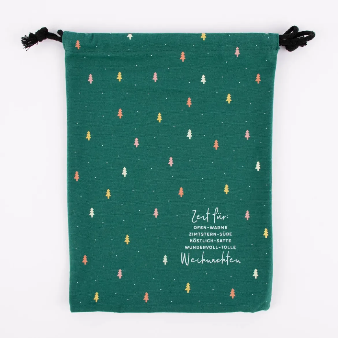 Grafik Werkstatt Geschenkbeutel aus Stoff Zeit für Weihnachten dunkelgrün gold weiß 20x28cm