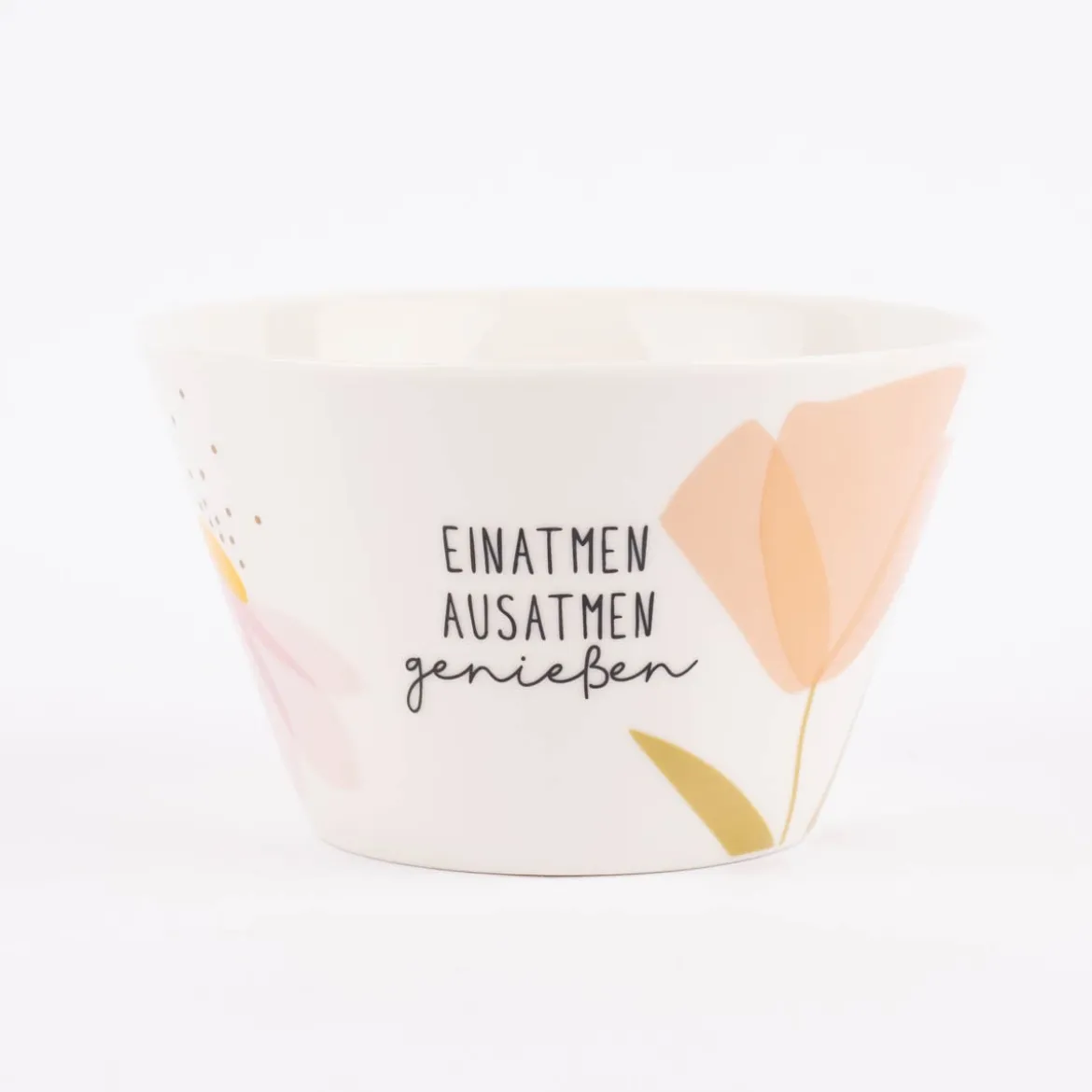 Grafik Werkstatt Müslischale Einatmen ausatmen genießen Blumen weiß rosa goldfarbig 14x9cm