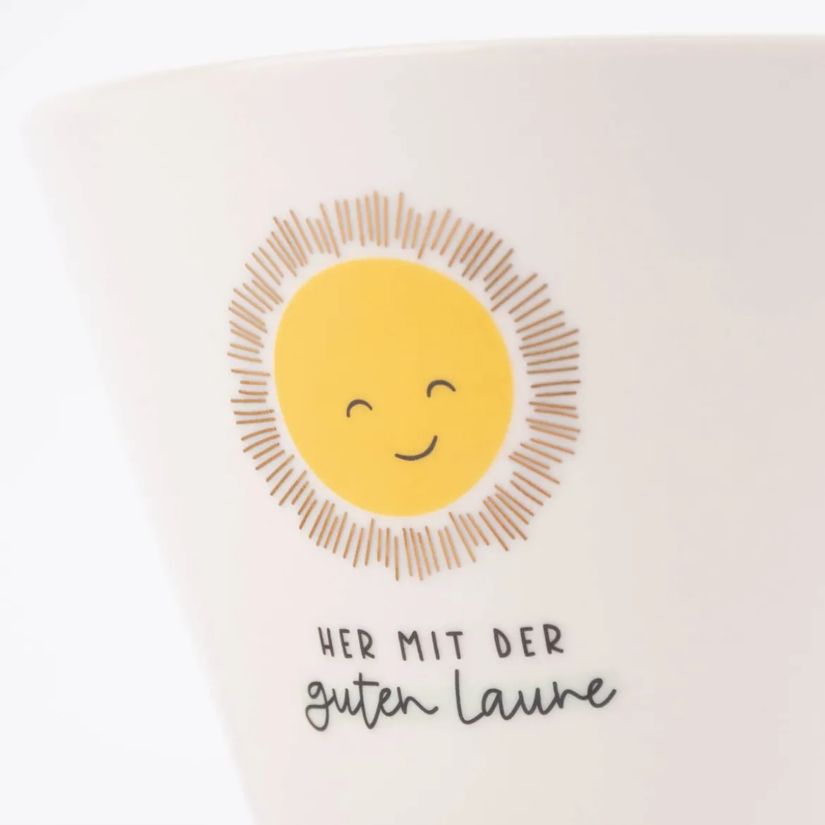 Grafik Werkstatt Müslischale Her mit der guten Laune weiß gelb goldfarbig 14x9cm