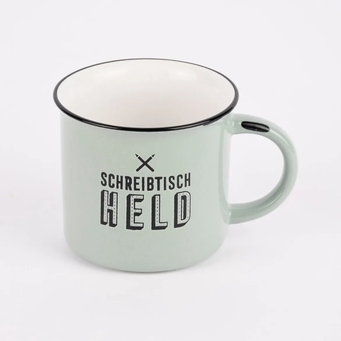 Grafik Werkstatt Tasse Vintage Schreibtisch Held altgrün schwarz 470ml