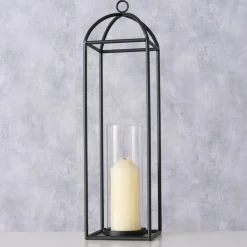 Großes Windlicht aus Metall mit Glaszylinder schwarz 15x15x55cm