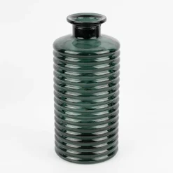 Große Vase zylinderförmig mit Rillenprägung u. schmalem Hals Glas klar blaugrün 14,5x31cm