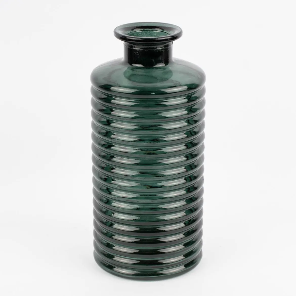 Große Vase zylinderförmig mit Rillenprägung u. schmalem Hals Glas klar blaugrün 14,5x31cm