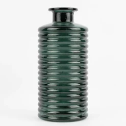 Große Vase zylinderförmig mit Rillenprägung u. schmalem Hals Glas klar blaugrün 14,5x31cm
