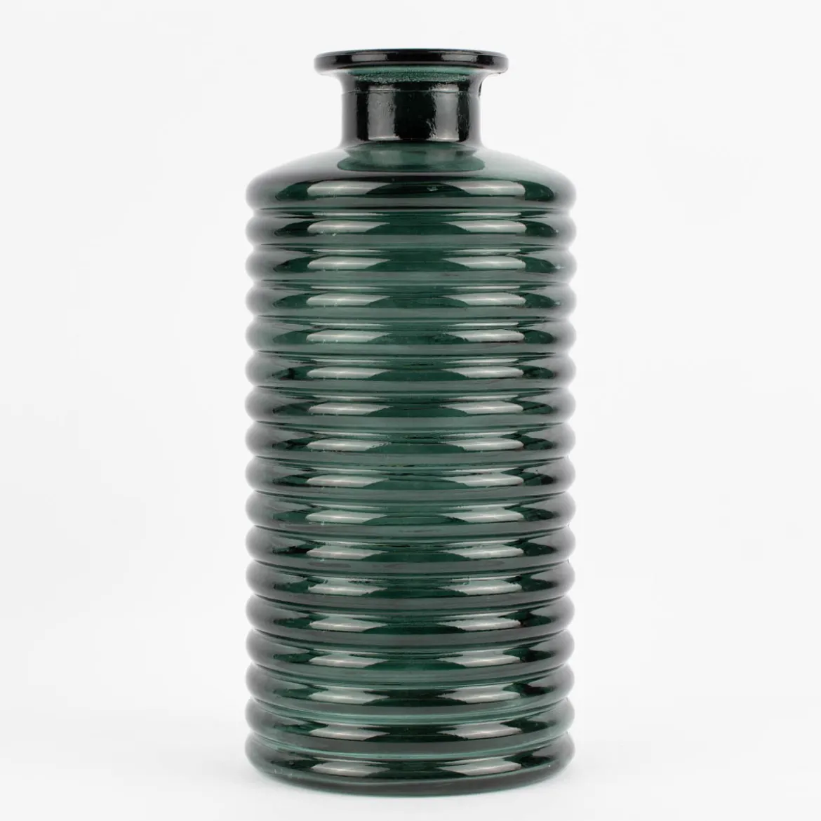 Große Vase zylinderförmig mit Rillenprägung u. schmalem Hals Glas klar blaugrün 14,5x31cm