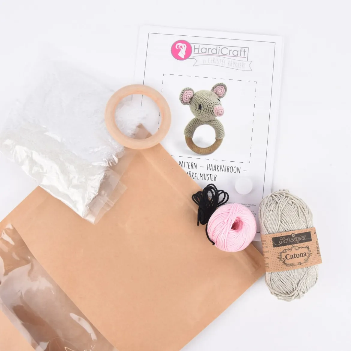 HardiCraft Häkelset für Maus-Rassel weiß rosa mehrteilig