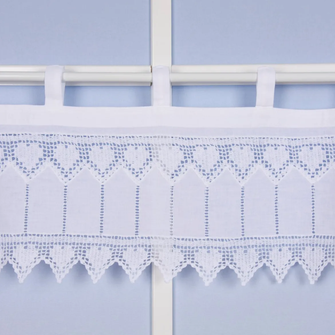 Häkelspitze Häkelgardine Panneaux Herzchen mit Schlaufen weiß 125x25cm