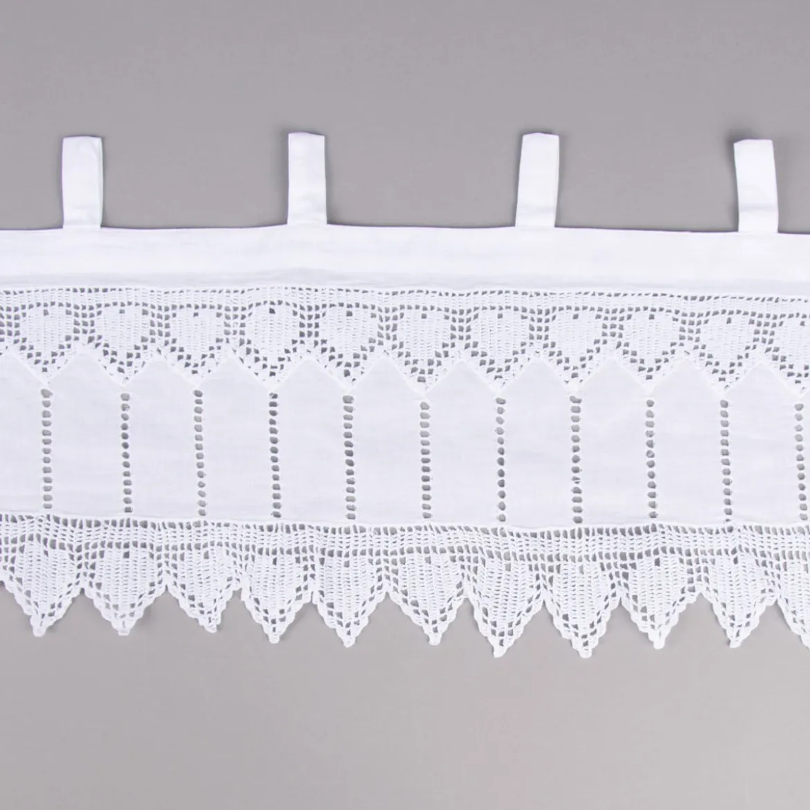Häkelspitze Häkelgardine Panneaux Herzchen Meterware mit Schlaufen weiß 25cm Höhe