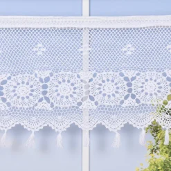 Häkelspitze Häkelgardine Panneaux Meterware Boho Mandalablume mit Tunneldurchzug weiß 45cm Höhe