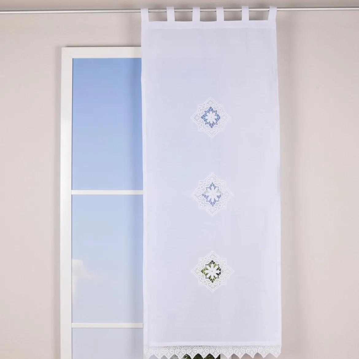 Häkelspitze Häkelgardine Seitenschal mit Schlaufen und Häkeldetail Sternornament weiß 70x180cm