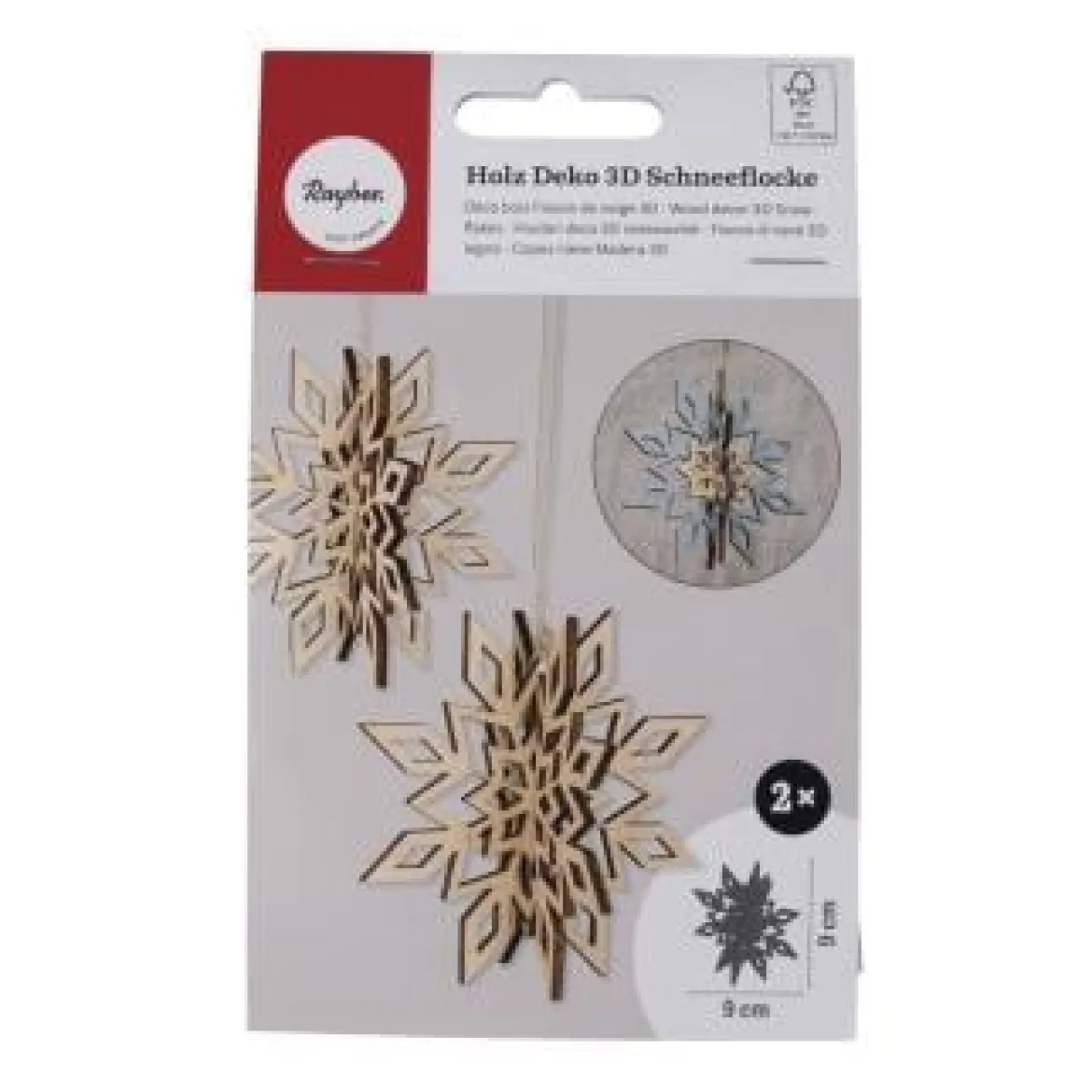 Holz-Schneeflocke 3D natur 2er Set Ø 9 cm – FSC Holz von Rayher