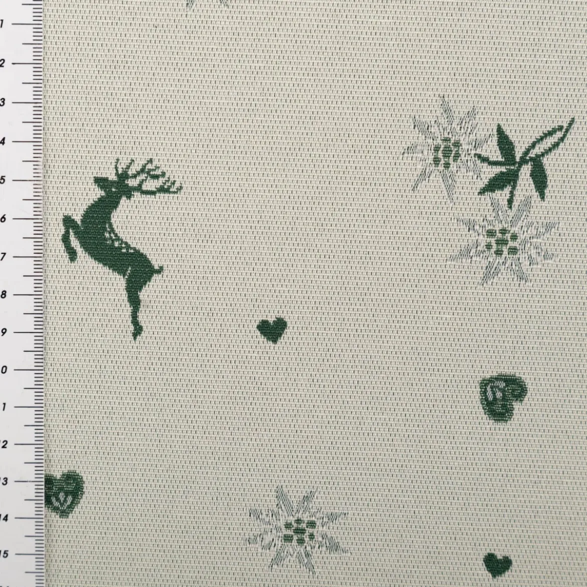 Jacquard Stoff Dekostoff Hirsch Edelweiß Herz Doubleface grün ecru 1,4m Breite