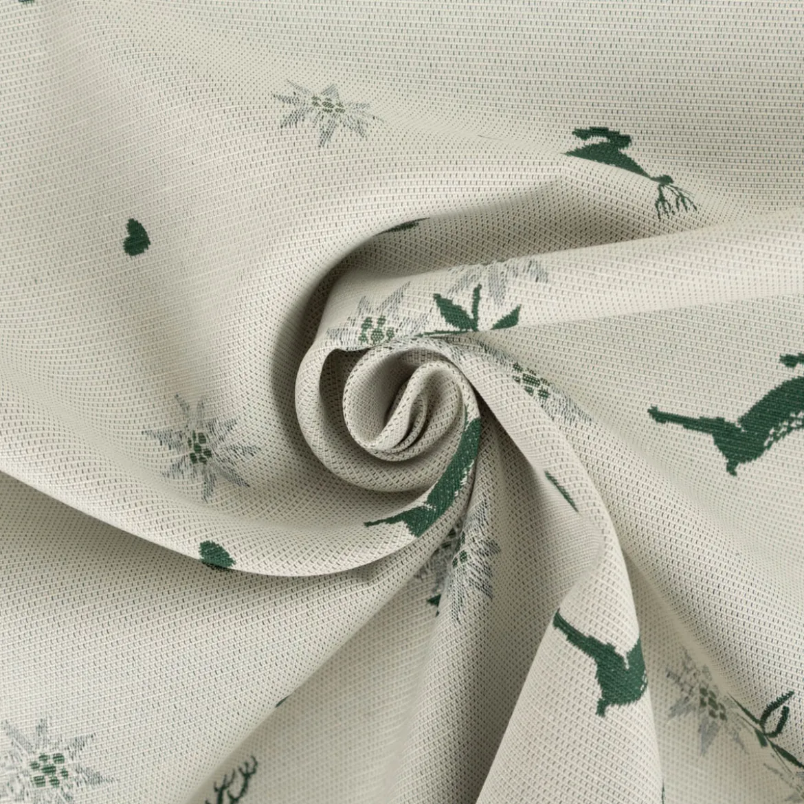Jacquard Stoff Dekostoff Hirsch Edelweiß Herz Doubleface grün ecru 1,4m Breite