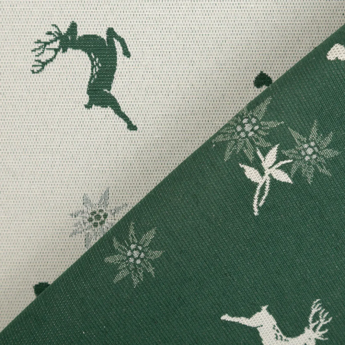 Jacquard Stoff Dekostoff Hirsch Edelweiß Herz Doubleface grün ecru 1,4m Breite
