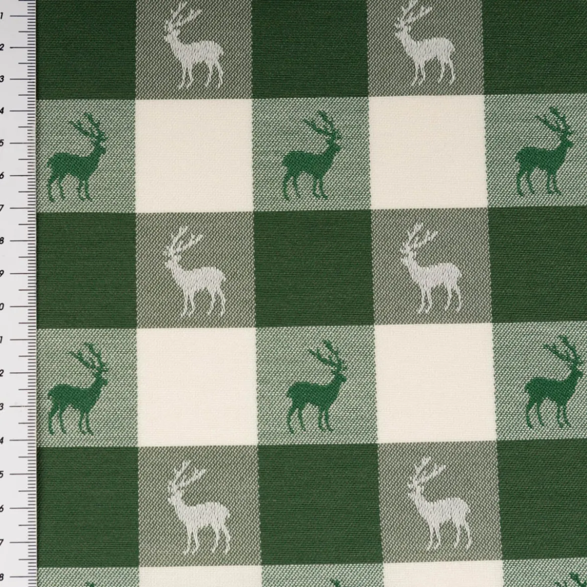 Jacquard Stoff Dekostoff Karos Hirsche grün weiß 140cm Breite