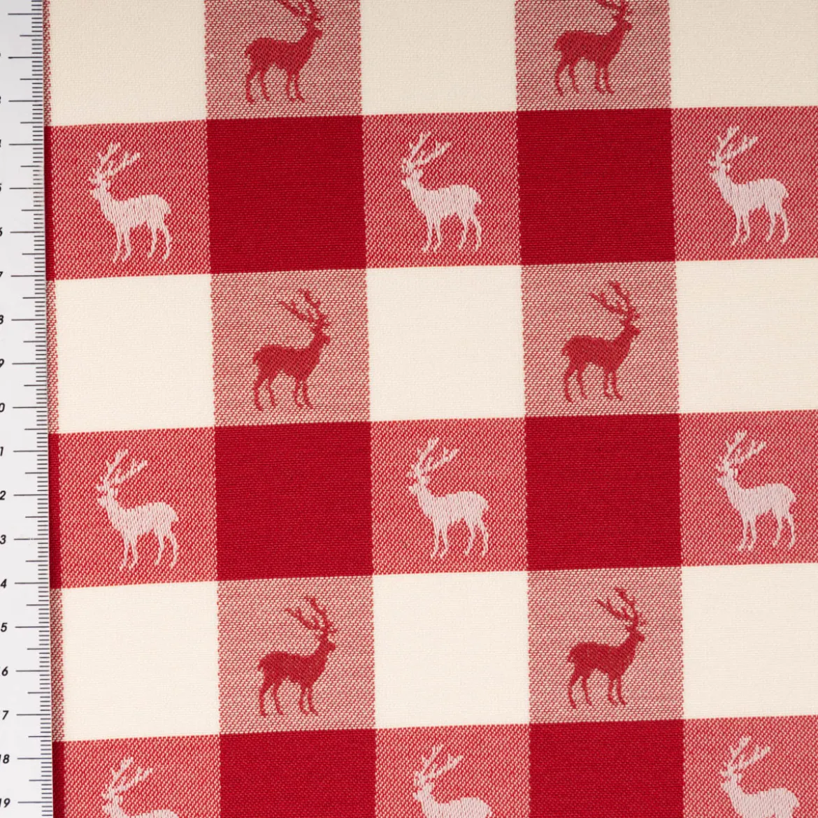 Jacquard Stoff Dekostoff Karos Hirsche rot weiß 140cm Breite