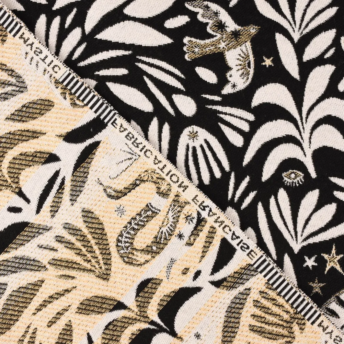 Jacquardstoff Dekostoff Mystik Blätter Schlange Vogel Wildkatze schwarz beige goldfarbig 140cm Breite