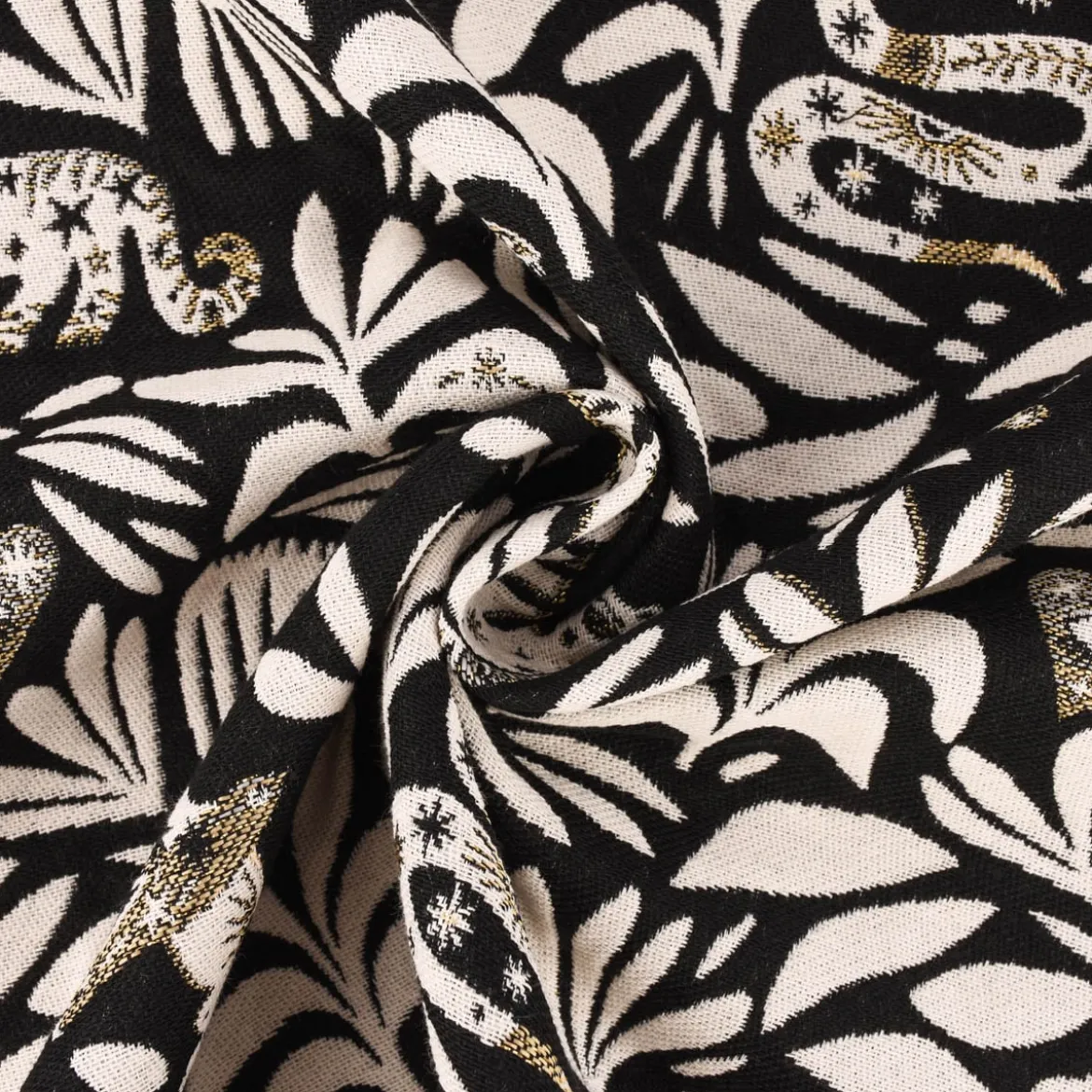 Jacquardstoff Dekostoff Mystik Blätter Schlange Vogel Wildkatze schwarz beige goldfarbig 140cm Breite