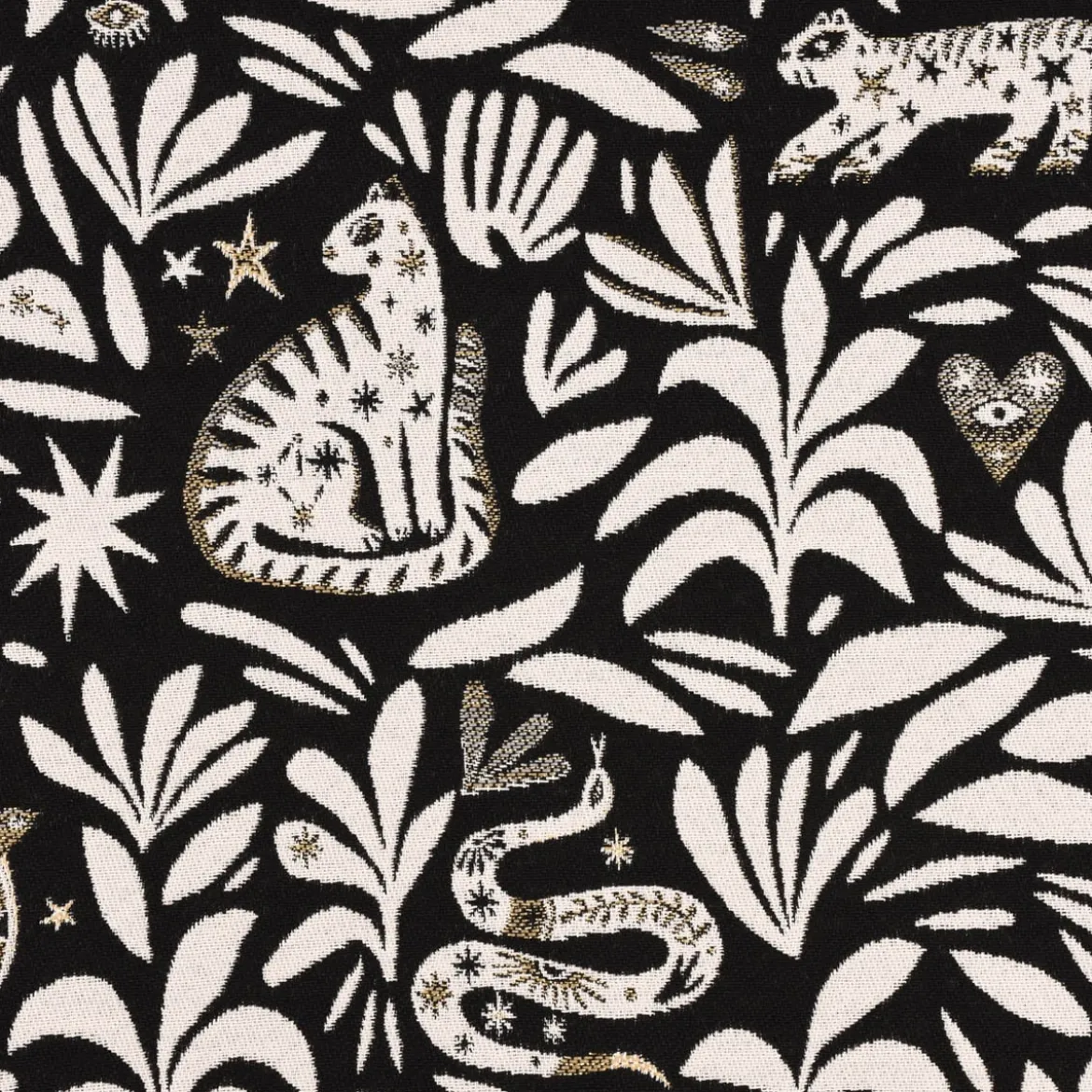 Jacquardstoff Dekostoff Mystik Blätter Schlange Vogel Wildkatze schwarz beige goldfarbig 140cm Breite