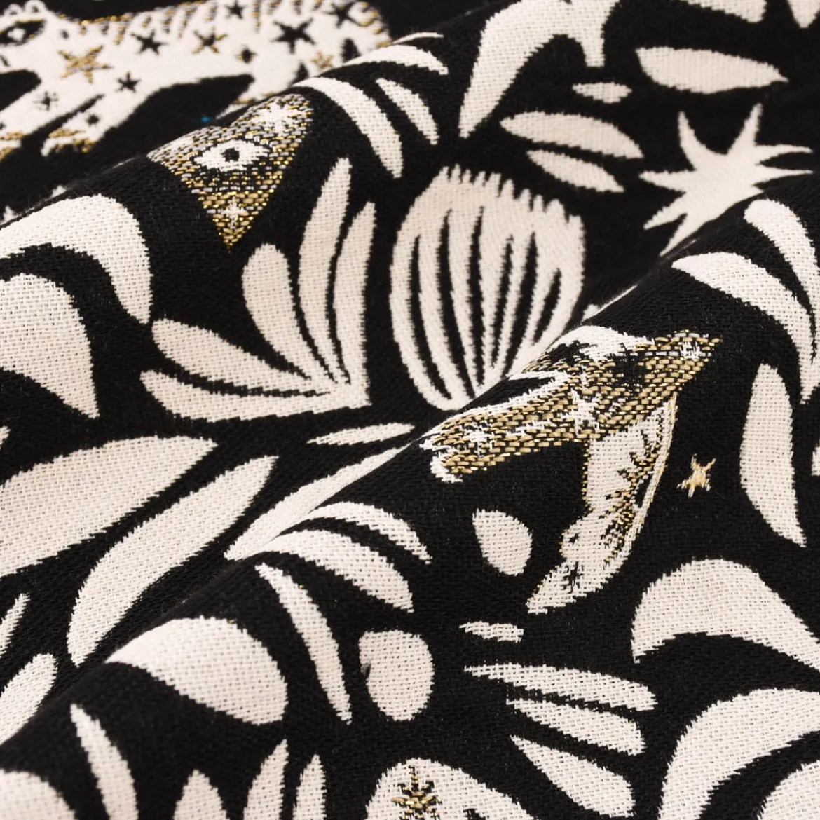 Jacquardstoff Dekostoff Mystik Blätter Schlange Vogel Wildkatze schwarz beige goldfarbig 140cm Breite