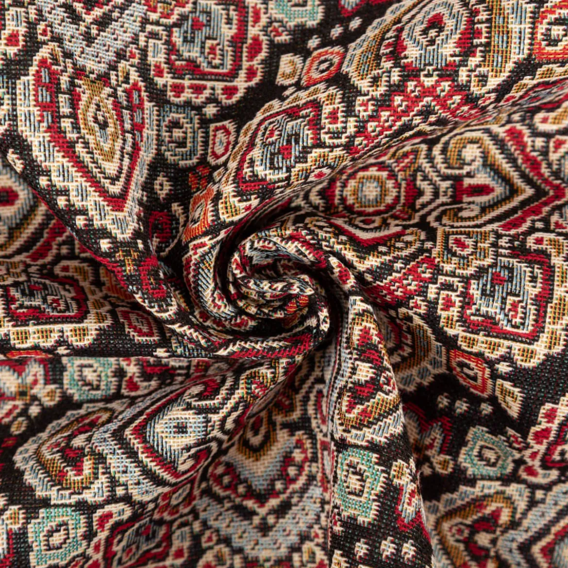 Jacquard Stoff Gobelin Ornamente schwarz bunt 1,40m Breite