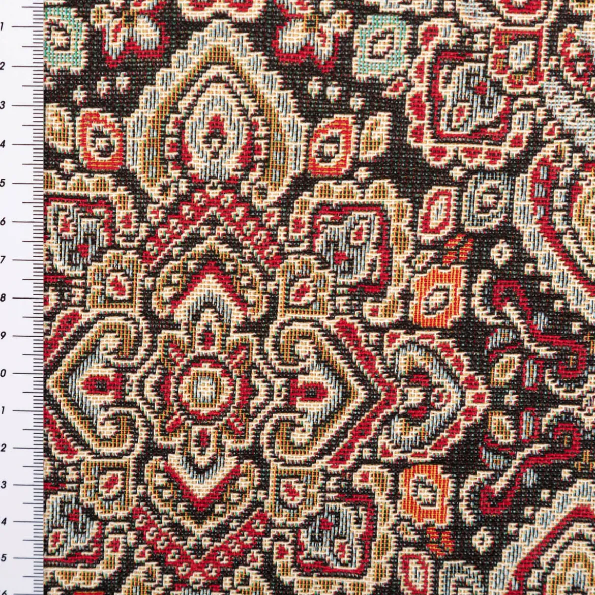 Jacquard Stoff Gobelin Ornamente schwarz bunt 1,40m Breite