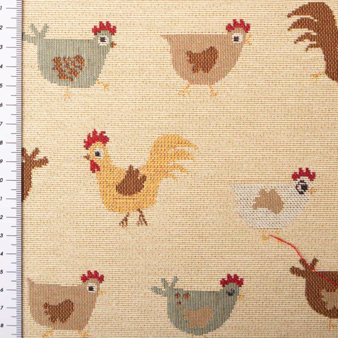 Jacquard Stoff Gobelin Premium Dekostoff Comic Chickens beige braun 1,4m Breite