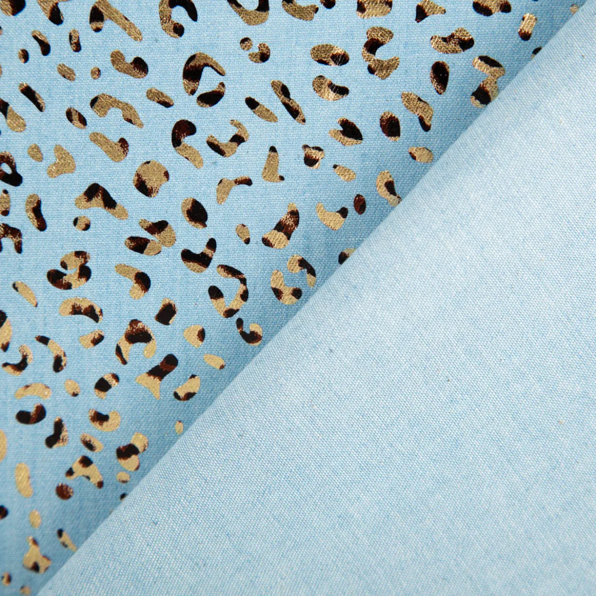 Jeansstoff Baumwollstoff Leo-Print hellblau goldfarbig 1,48m Breite