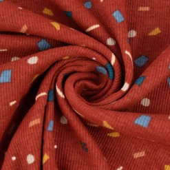Jersey Rippjersey bedruckt Konfetti Tupfen Striche braun blau ocker 1,35m Breite