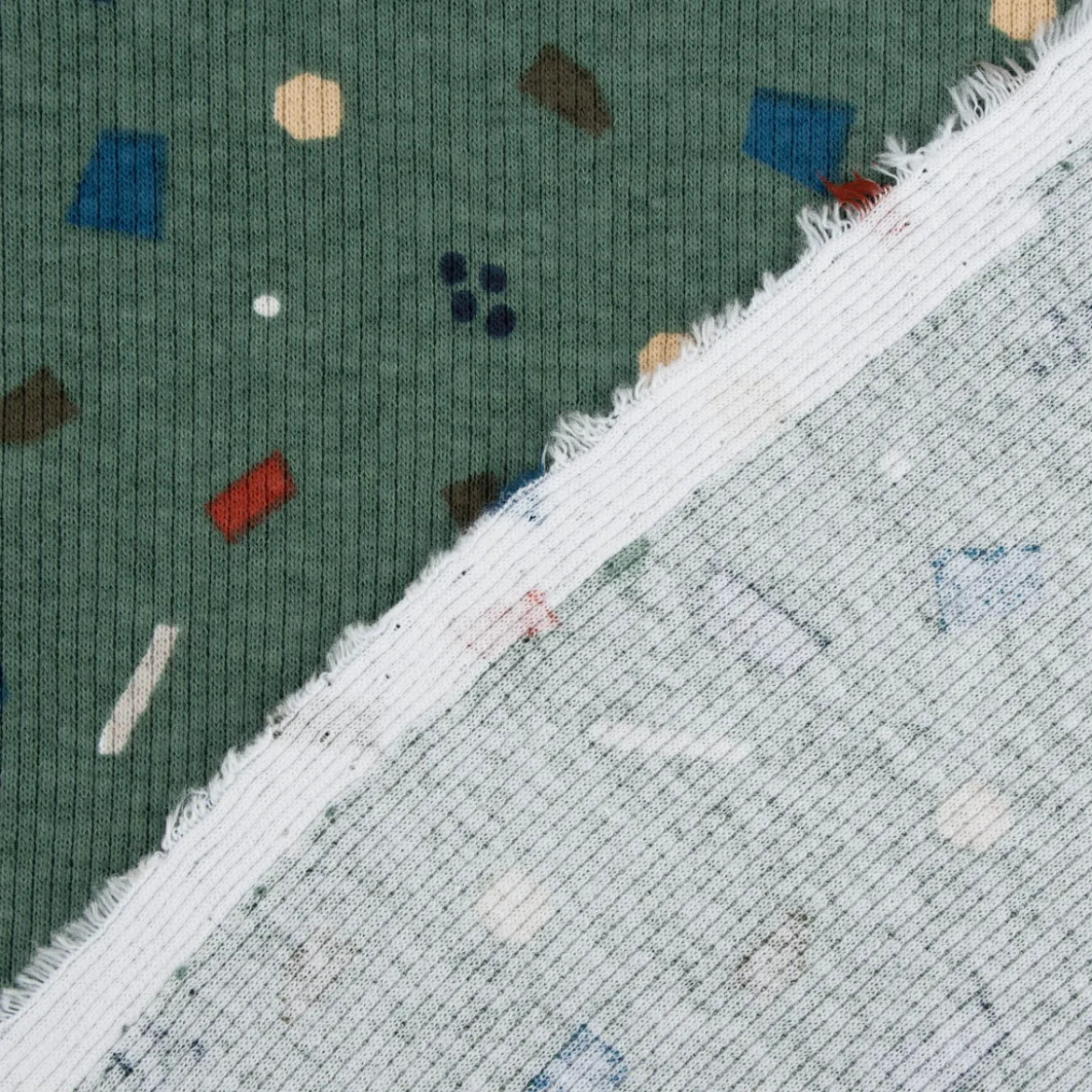Jersey Rippjersey bedruckt Konfetti Tupfen Striche altgrün braun blau 1,35m Breite