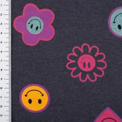 Jersey Stoff Baumwolle Glitter Happy Faces dunkelblau meliert 1,45m Breite