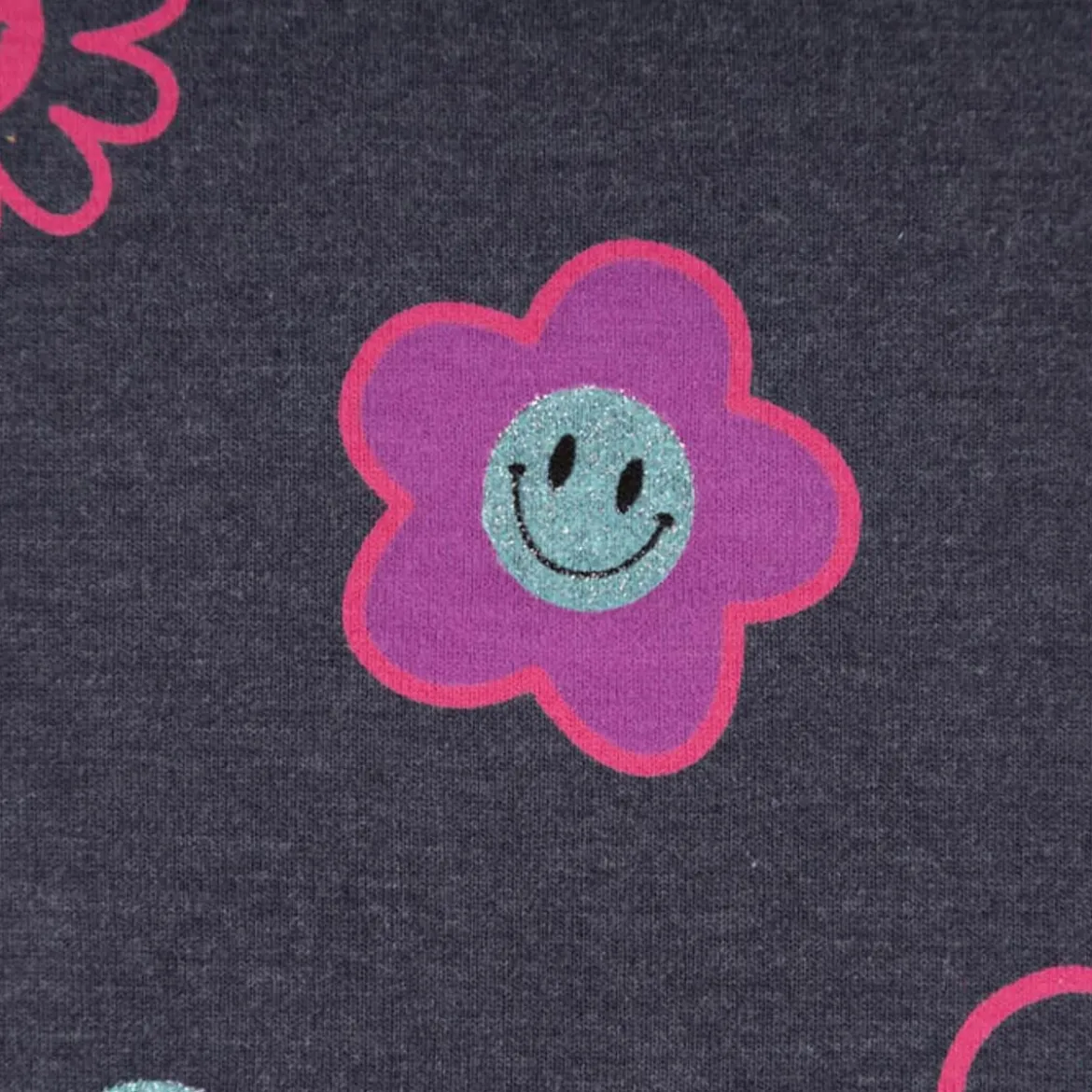 Jersey Stoff Baumwolle Glitter Happy Faces dunkelblau meliert 1,45m Breite
