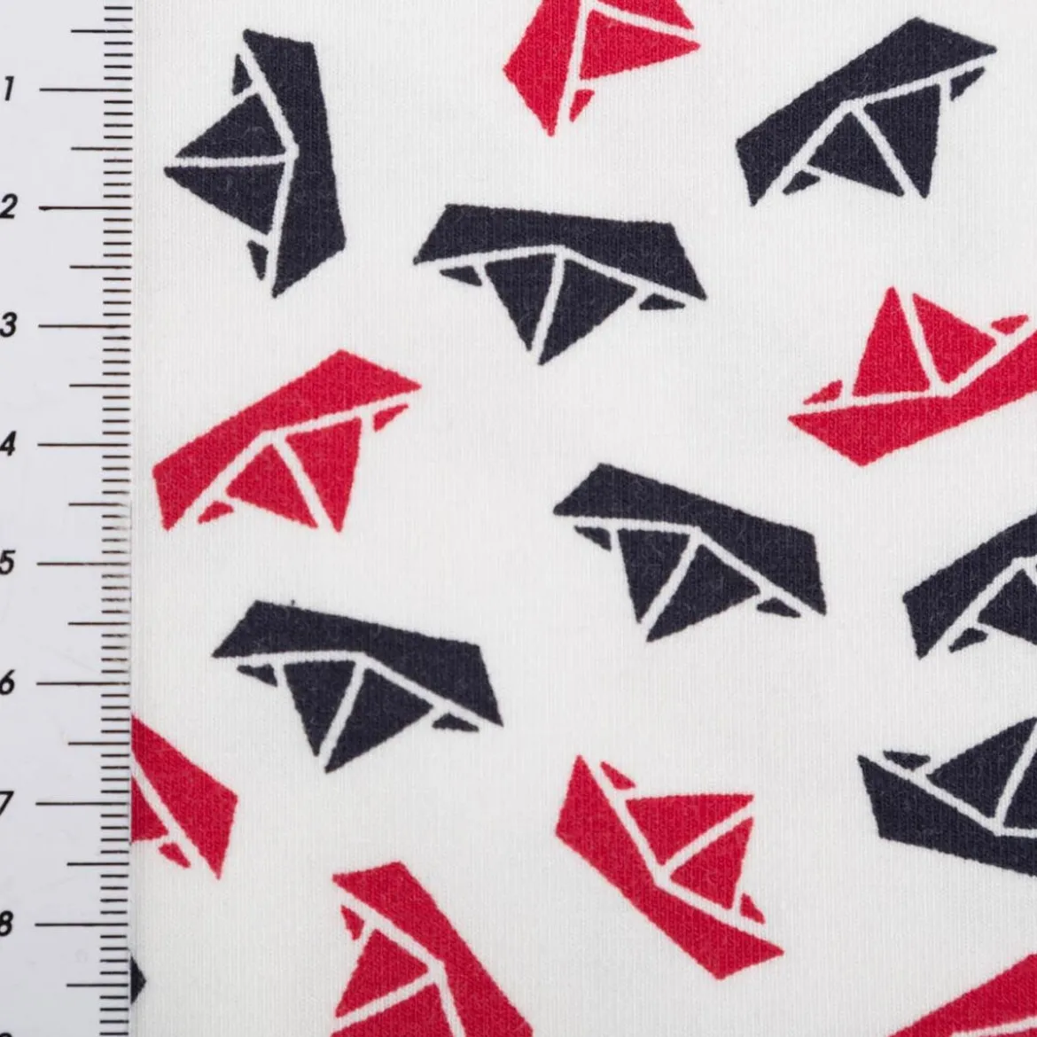 Jersey Stoff Baumwolle Maritim Papierboote weiß blau rot 1,50m Breite