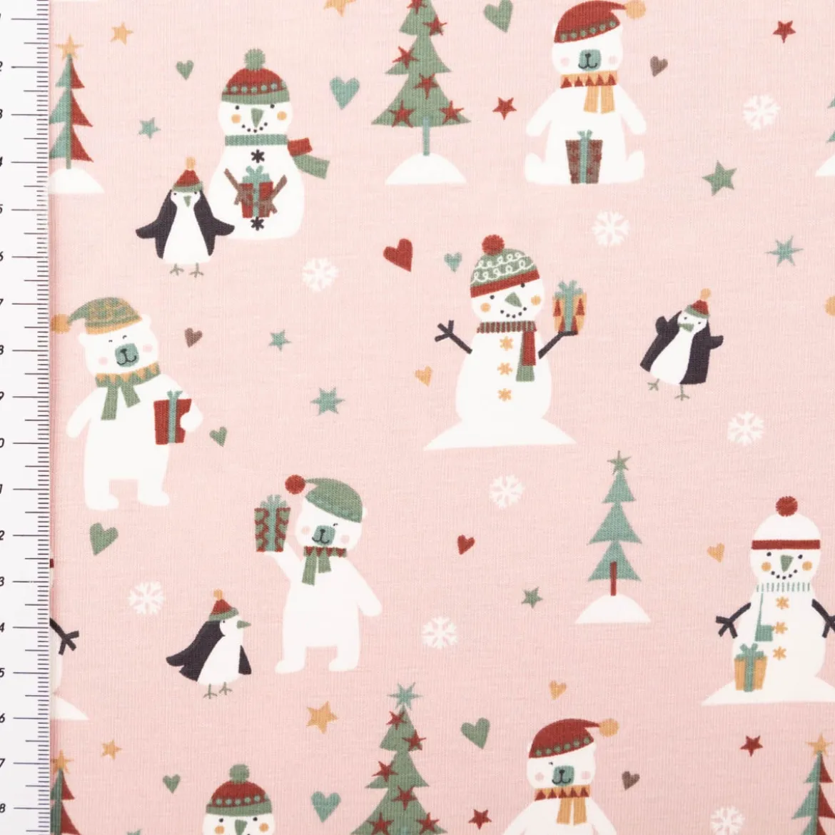 Jersey Stoff Baumwolljersey Schneemann, Bär und PInguin rosa 1,45m Breite