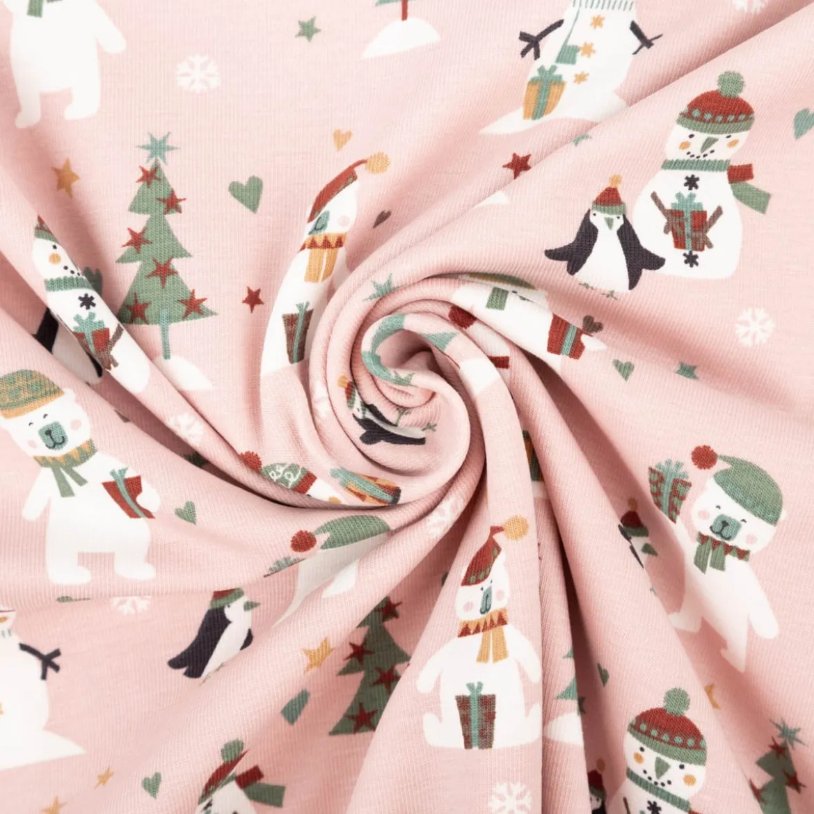 Jersey Stoff Baumwolljersey Schneemann, Bär und PInguin rosa 1,45m Breite