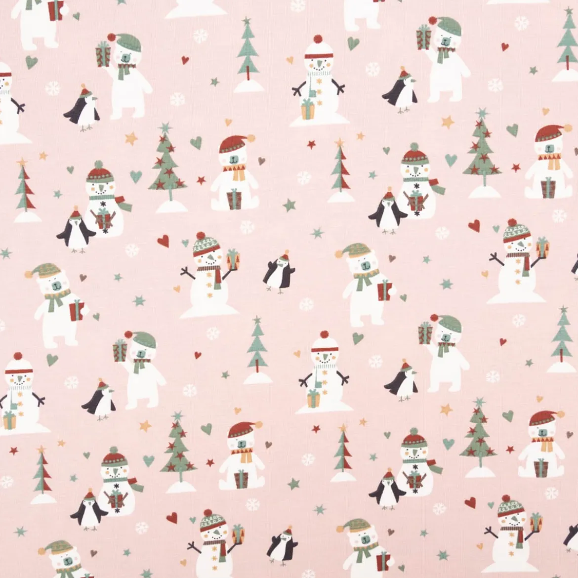 Jersey Stoff Baumwolljersey Schneemann, Bär und PInguin rosa 1,45m Breite