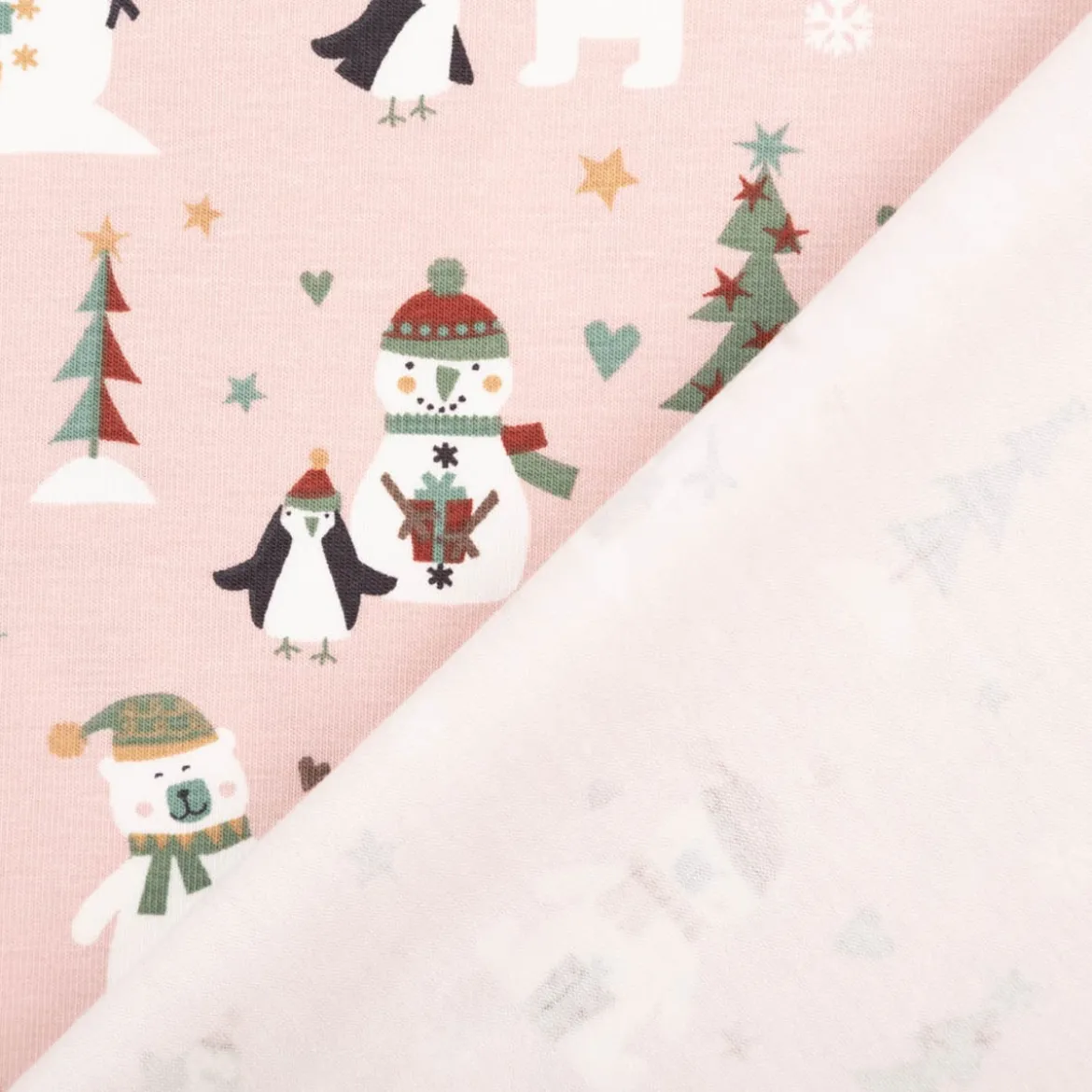 Jersey Stoff Baumwolljersey Schneemann, Bär und PInguin rosa 1,45m Breite