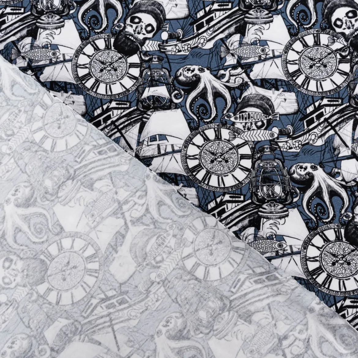 Jersey Stoff Baumwolljersey Digital Skulls Pirat Totenkopf Segelschiff blau 1,50m Breite