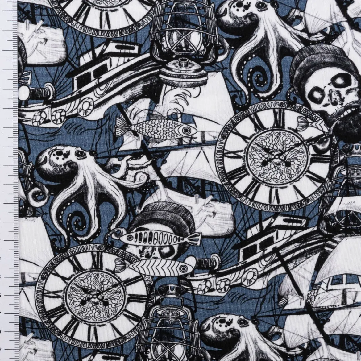 Jersey Stoff Baumwolljersey Digital Skulls Pirat Totenkopf Segelschiff blau 1,50m Breite