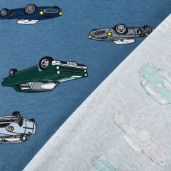 Jersey Stoff Baumwolljersey CLASSIC CARS Autos jeans blau grün 1,45m Breite