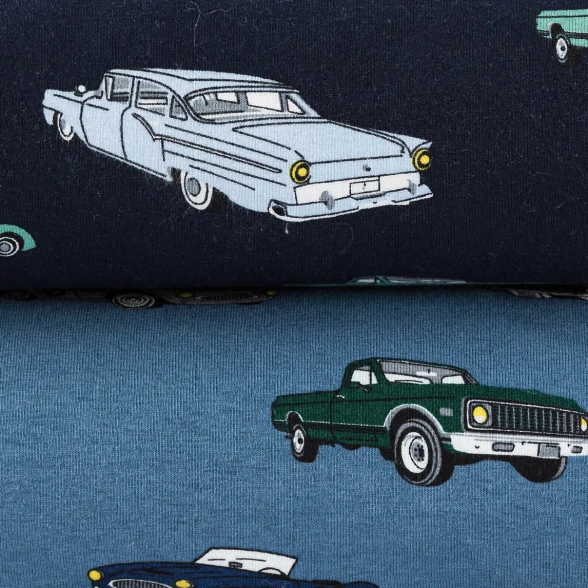 Jersey Stoff Baumwolljersey CLASSIC CARS Autos jeans blau grün 1,45m Breite