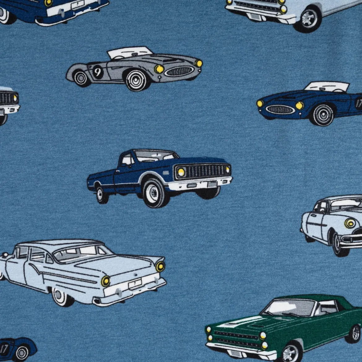 Jersey Stoff Baumwolljersey CLASSIC CARS Autos jeans blau grün 1,45m Breite