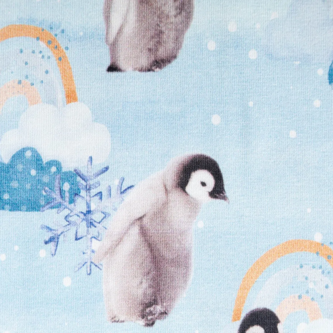 Jersey Stoff Baumwolljersey Digitaldruck Pinguin Schneeflocke Wolken blau grau 1,45m Breite