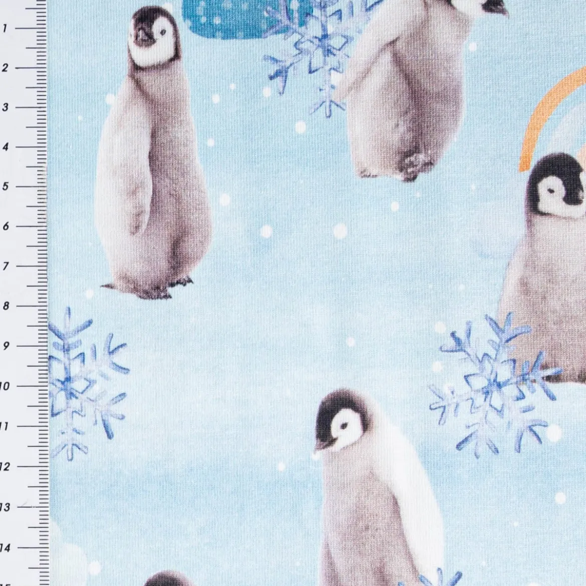 Jersey Stoff Baumwolljersey Digitaldruck Pinguin Schneeflocke Wolken blau grau 1,45m Breite