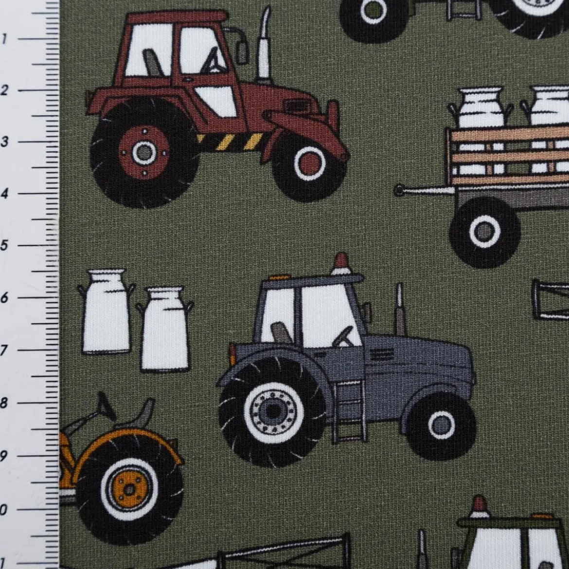 Jersey Stoff Baumwolljersey Theo Traktor khaki grün bunt 1,60m Breite