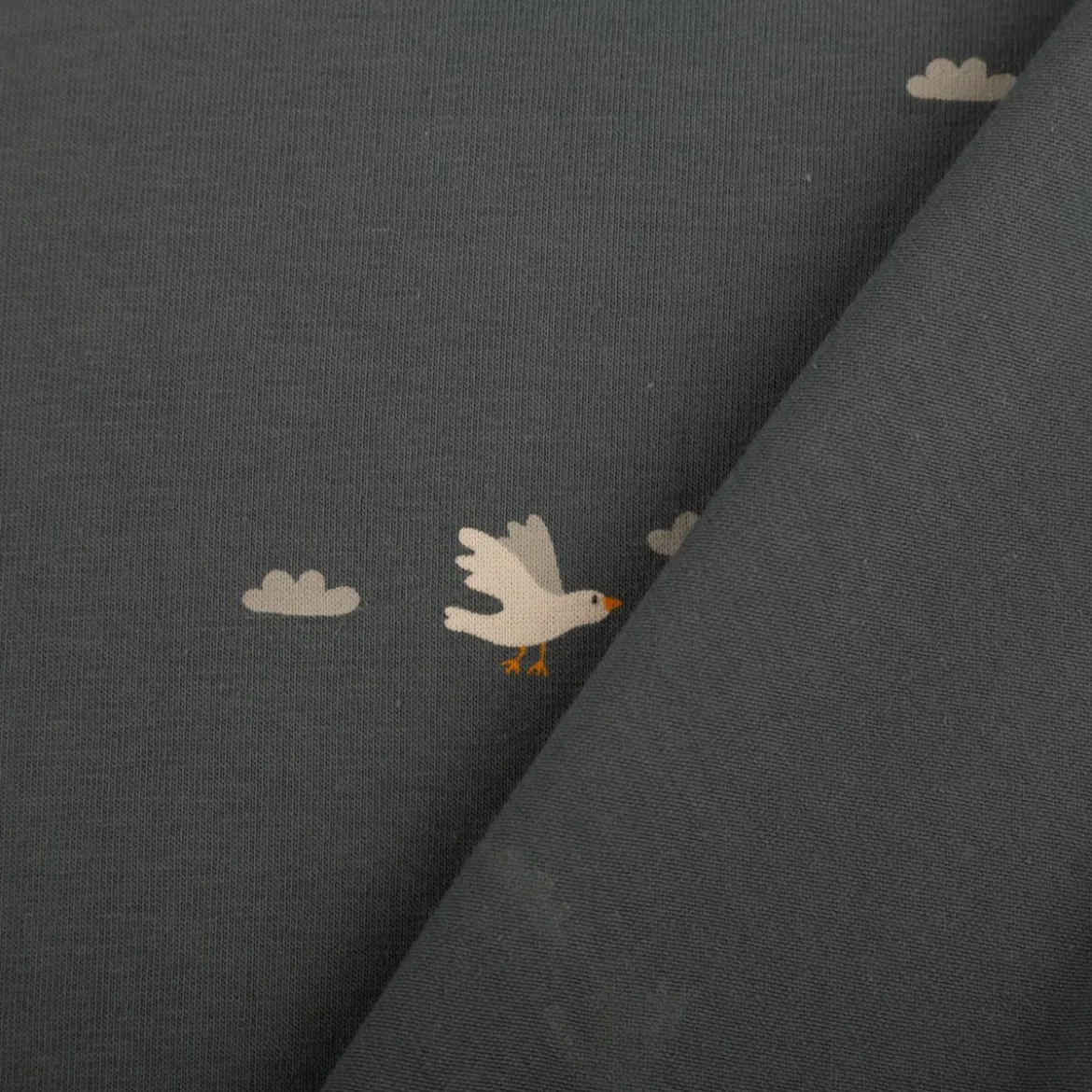 Jersey Stoff Baumwolljersey Vögel Wolken blau weiß 1,50m Breite