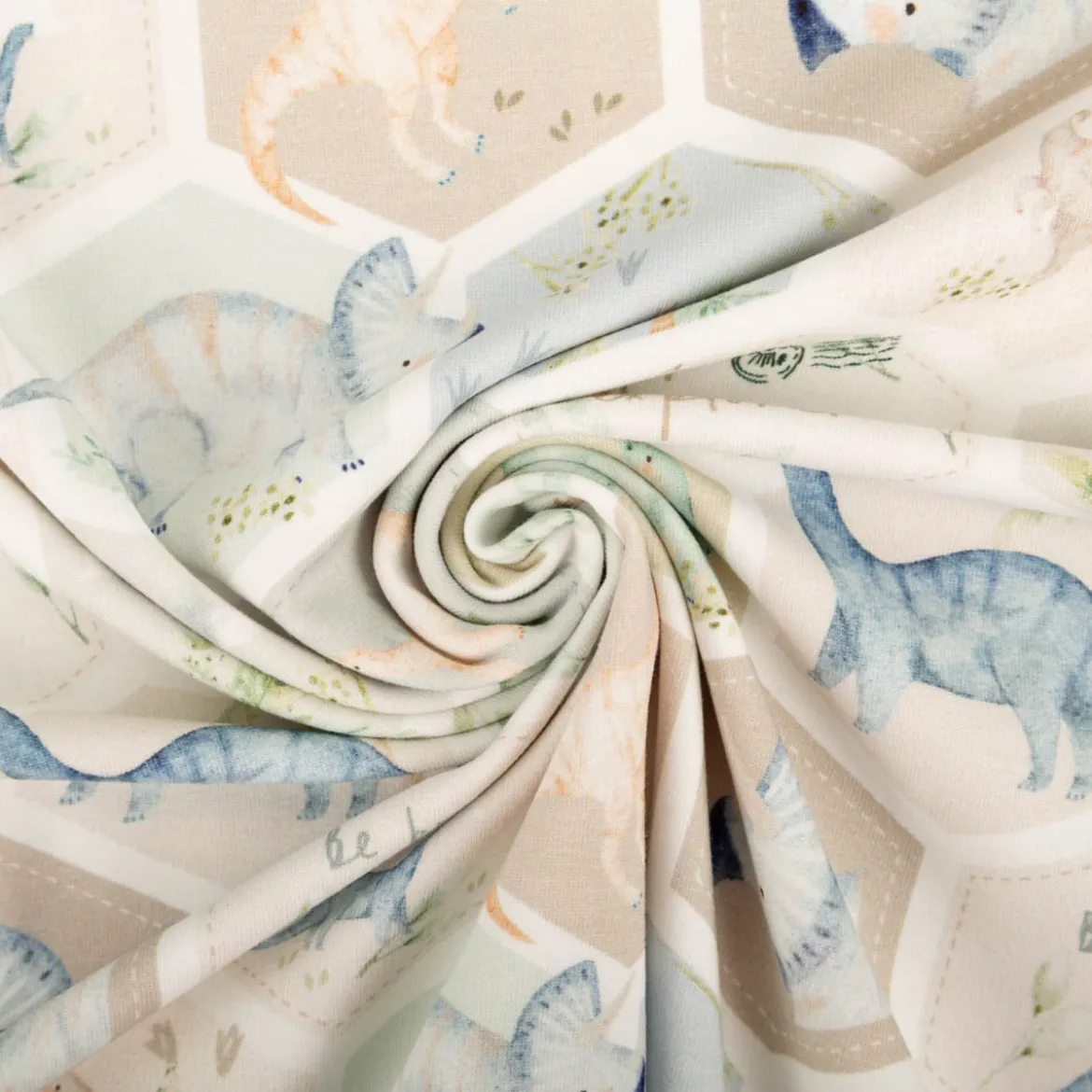 Jersey Stoff Baumwolljersey Digitaldruck Dinosaurier Hexagon grün blau beige 1,5 m Breite