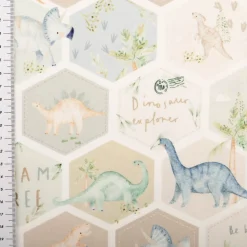 Jersey Stoff Baumwolljersey Digitaldruck Dinosaurier Hexagon grün blau beige 1,5 m Breite