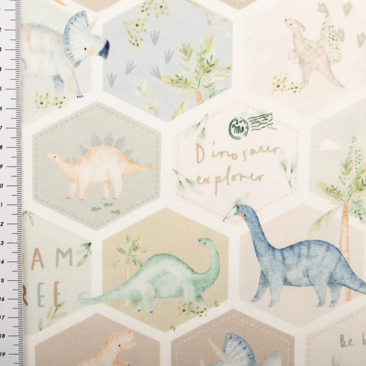 Jersey Stoff Baumwolljersey Digitaldruck Dinosaurier Hexagon grün blau beige 1,5 m Breite
