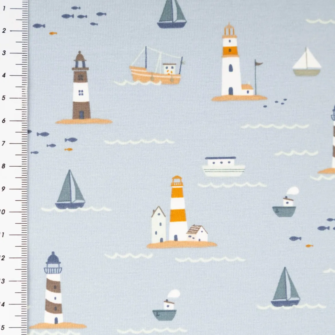 Jersey Stoff Baumwolljersey Leuchtturm Boote Meer hellblau 1,45m Breite